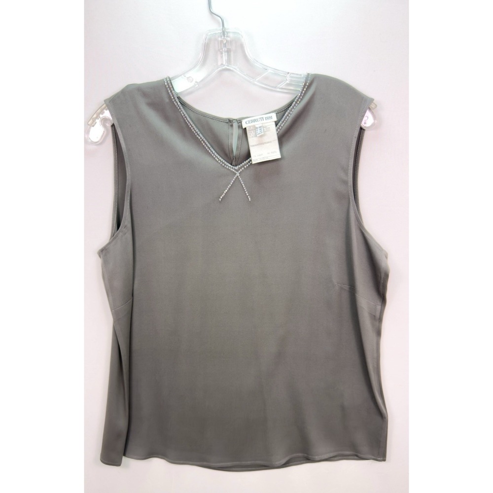 VTG Cerruti 1881 91% Silk Sleeveless Blouse Gray Neck Embellishments Sz 14